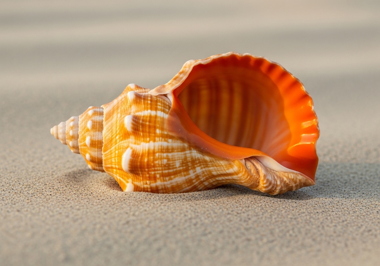 A large orange horse conch, Florida's state shell, with its bright orange aperture, resting on pale Gulf-coast sand