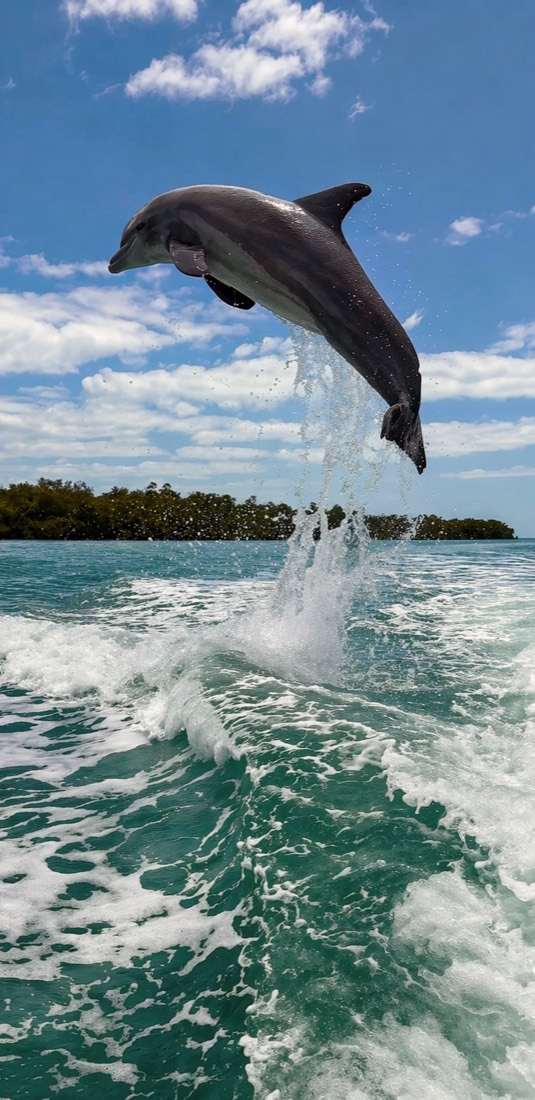 A wild dolphin leaping near a Sand Dollar private charter in the Ten Thousand Islands, Florida